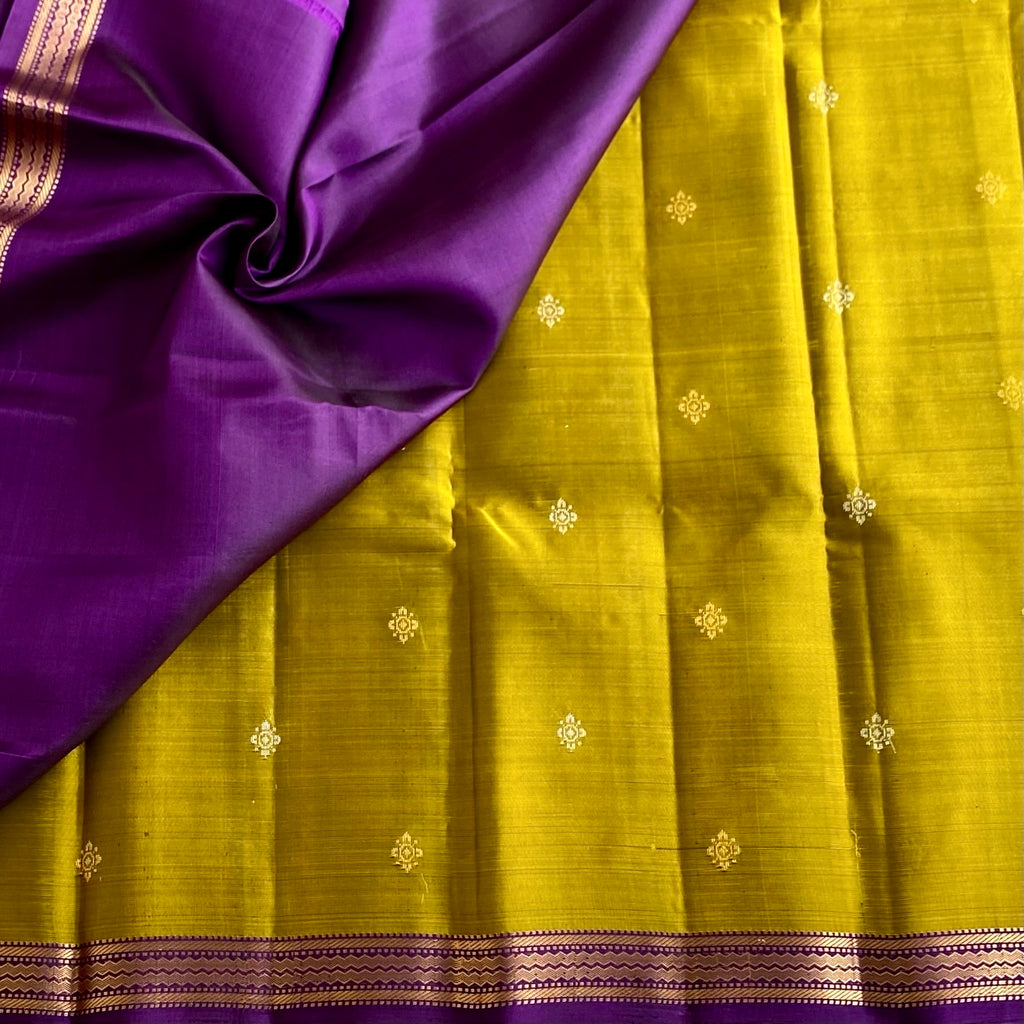 Olive Green Designer Pure Silk Saree With Royal Purple Pallu