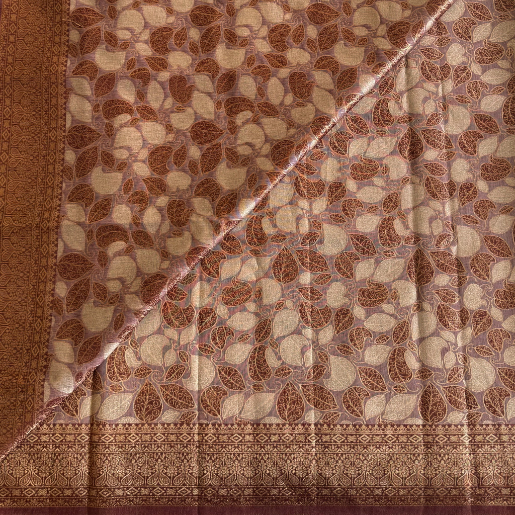 Burgundy Gold Leaf Motif Brocade Saree with Tassels Elegant Pallu