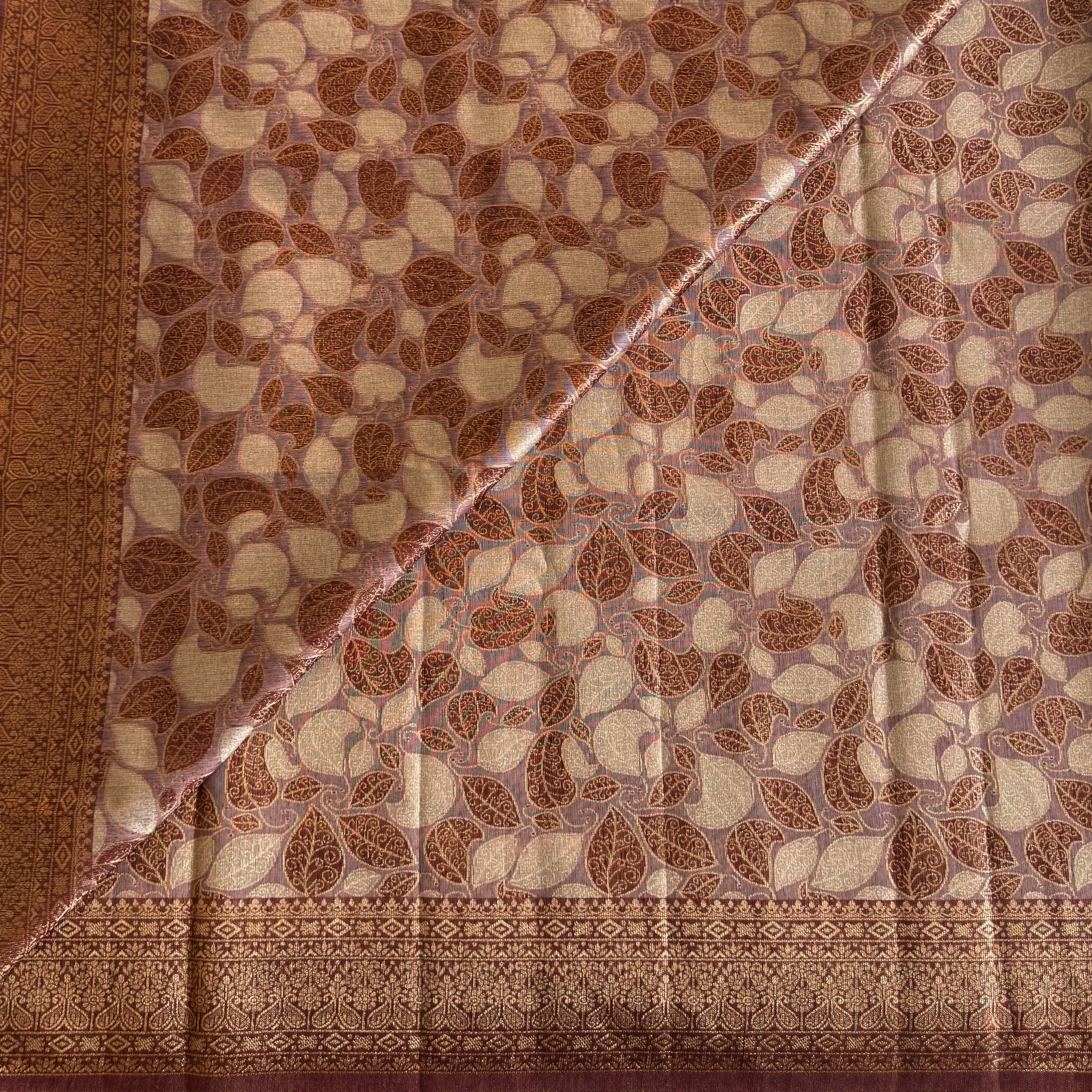 Burgundy Gold Leaf Motif Brocade Saree with Tassels Elegant Pallu