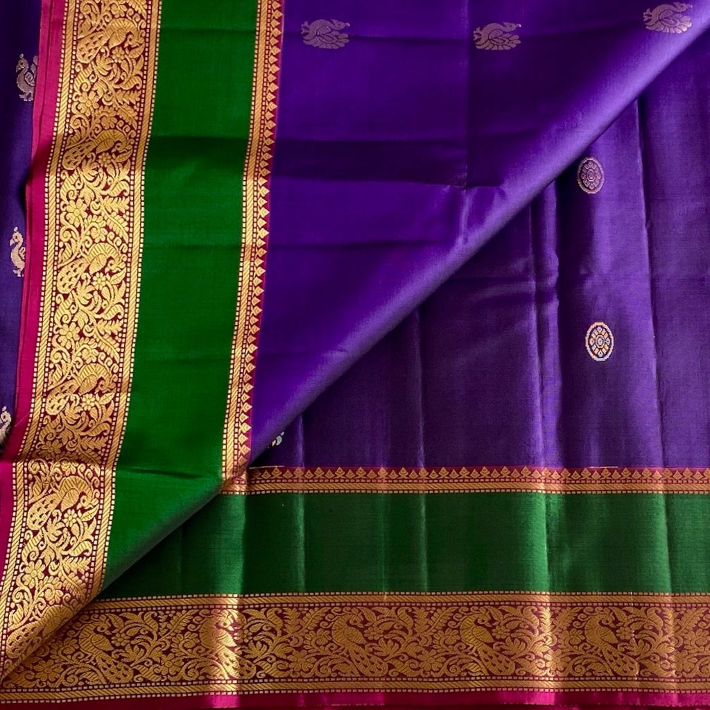 Royal Purple Designer Pure Silk Saree With Fuchsia Pink Pallu