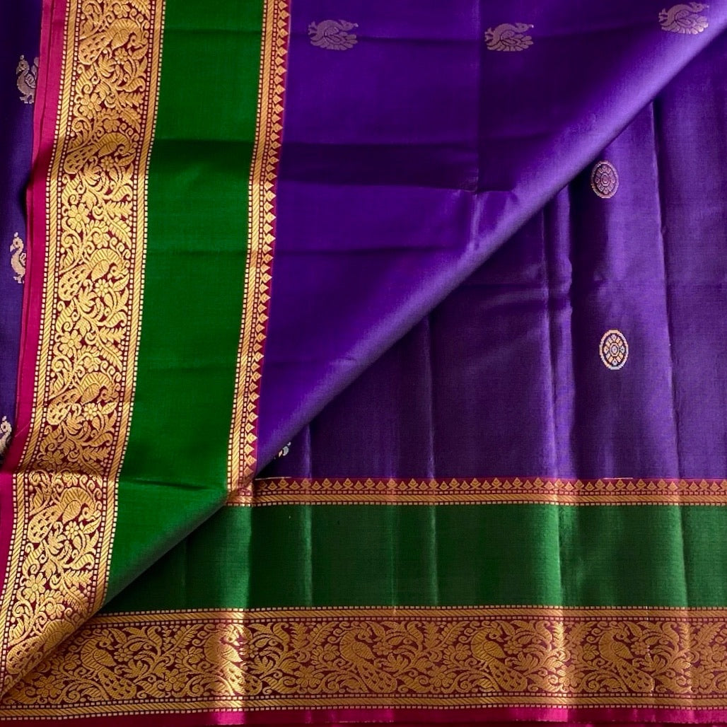 Royal Purple Designer Pure Silk Saree With Fuchsia Pink Pallu