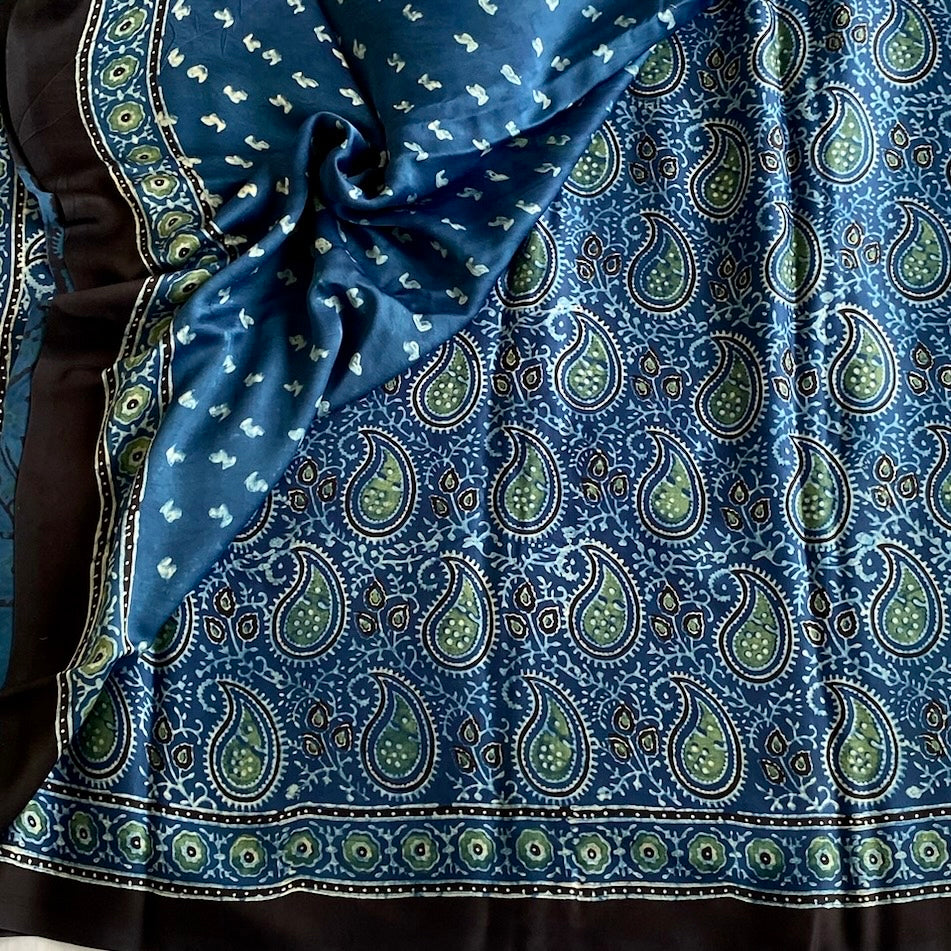 Deep Ocean Blue AJRAKH HANDBLOCK PRINTED SILK Saree With Olive Green Pallu