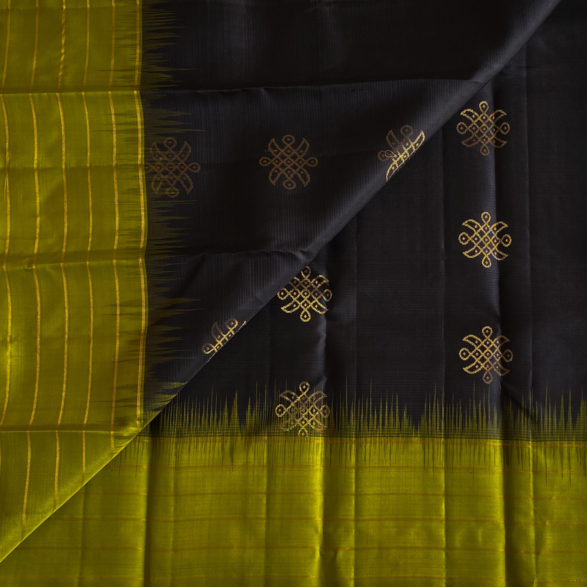 Vintage Black With Chartreuse Olive Designer Handwoven Pure Silk