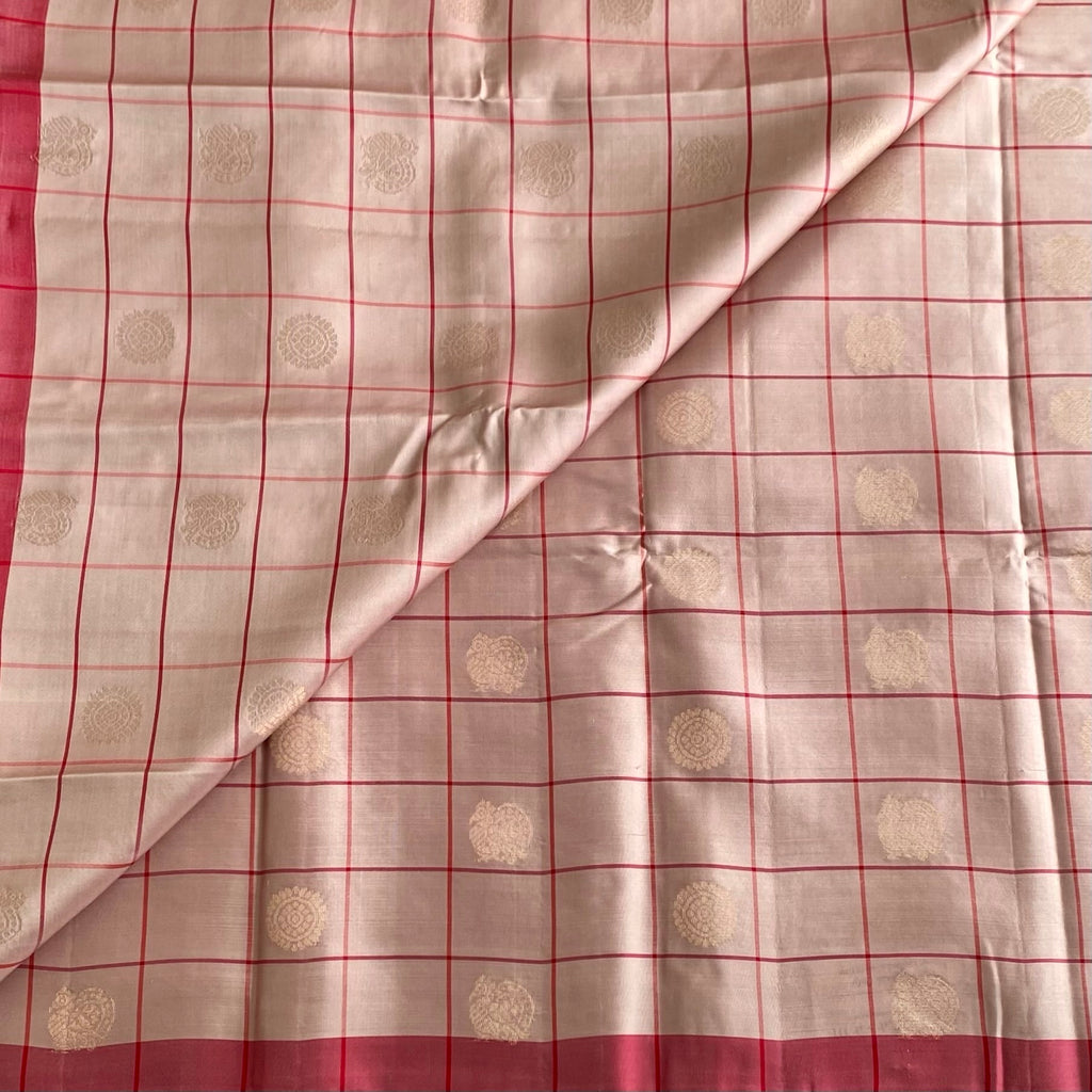 Blush Beige Designer Pure Silk Saree With Crimson Red Pallu