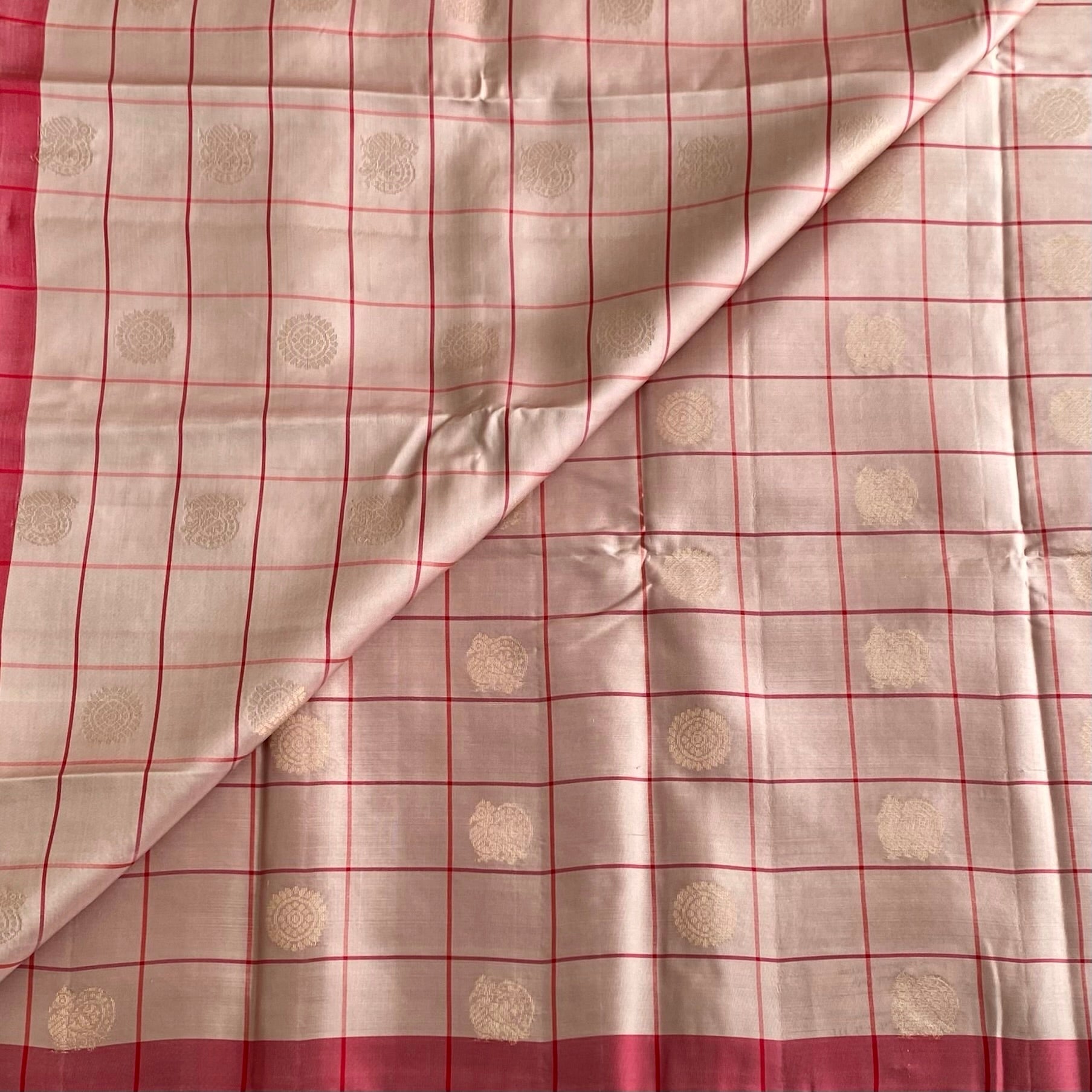 Blush Beige Designer Pure Silk Saree With Crimson Red Pallu