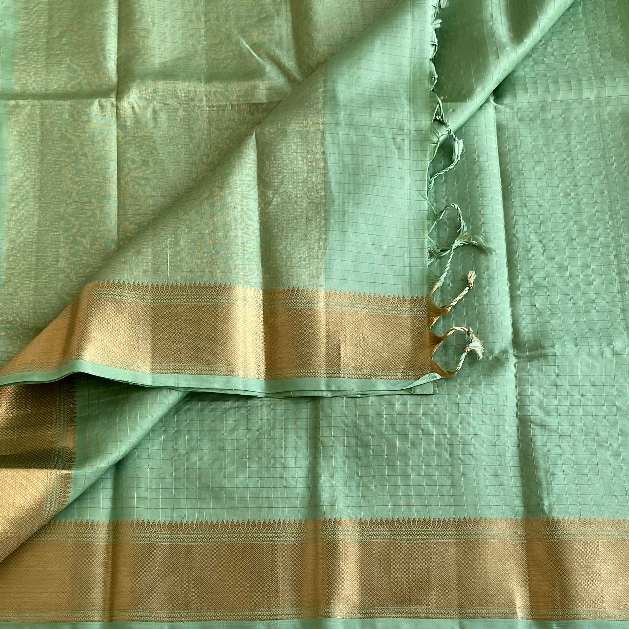 Mint Green Designer Pure Silk Micro Checkered With Gold Border