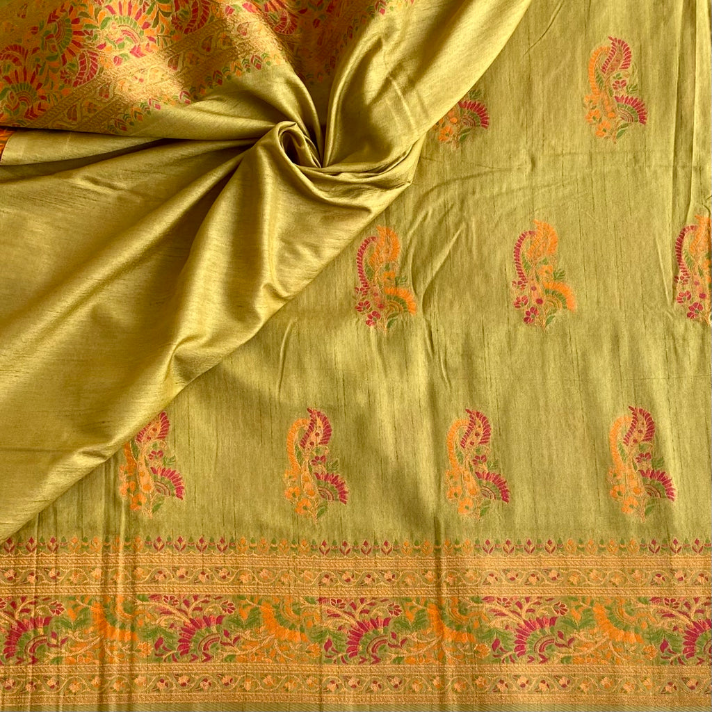 Light Sage Green Meenakari Soft Tussar Saree With Vibrant Woven Pallu