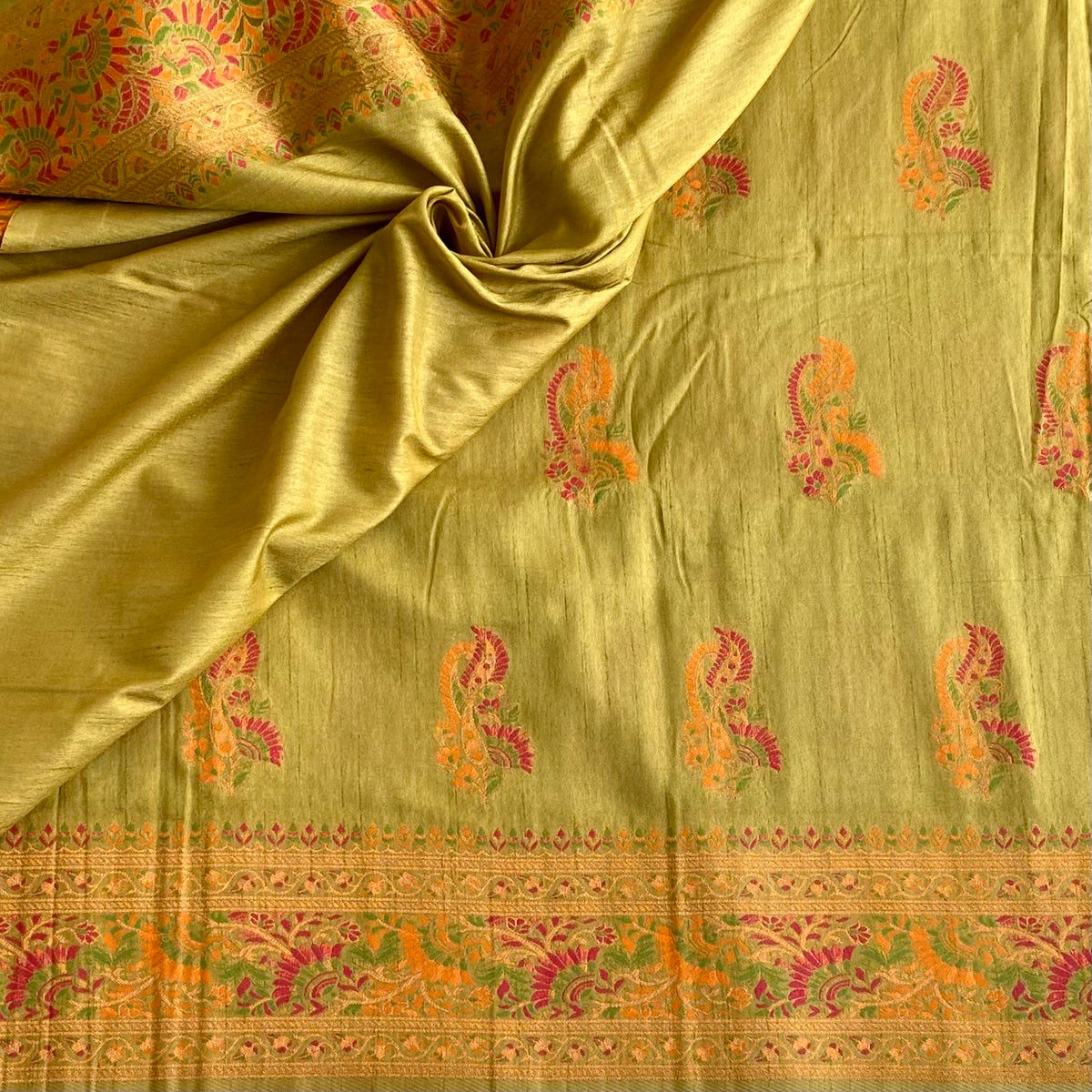 Light Sage Green Meenakari Soft Tussar Saree With Vibrant Woven Pallu