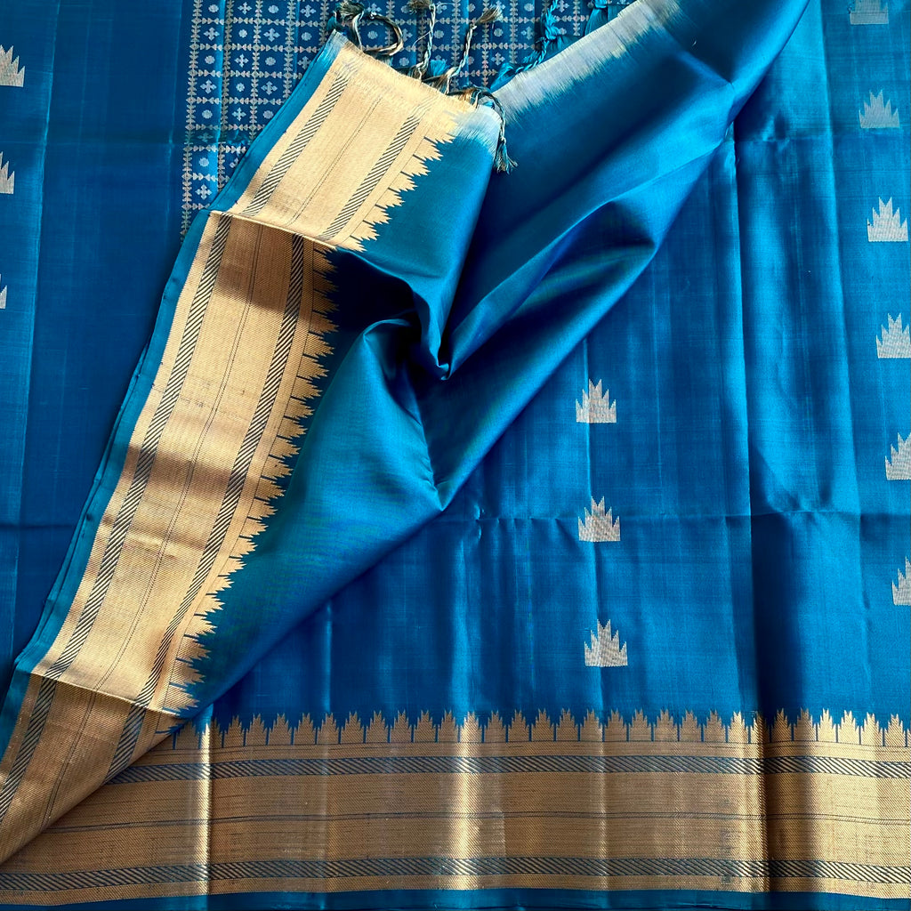Peacock Blue Designer Pure Silk Saree With Antique Gold Border