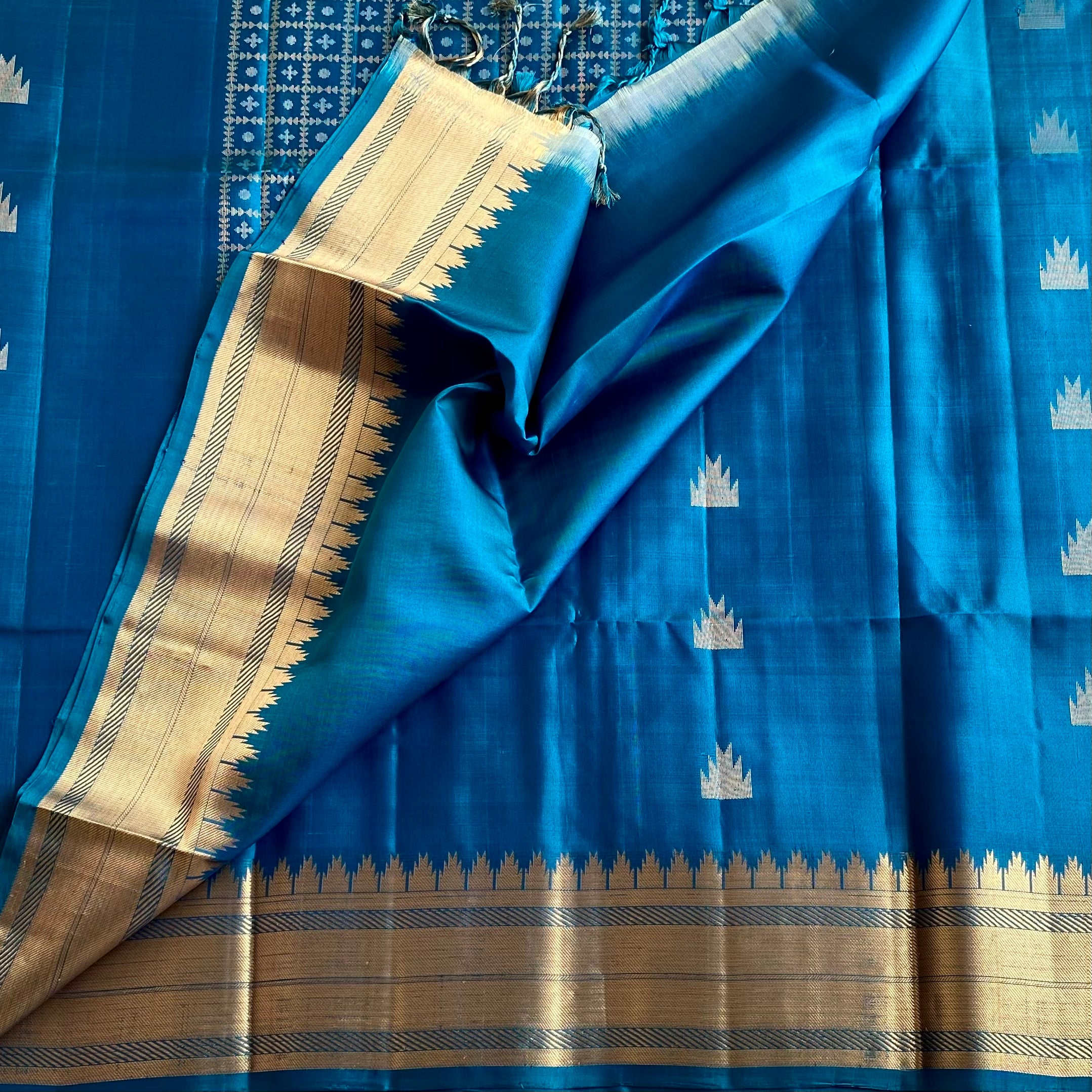 Peacock Blue Designer Pure Silk Saree With Antique Gold Border