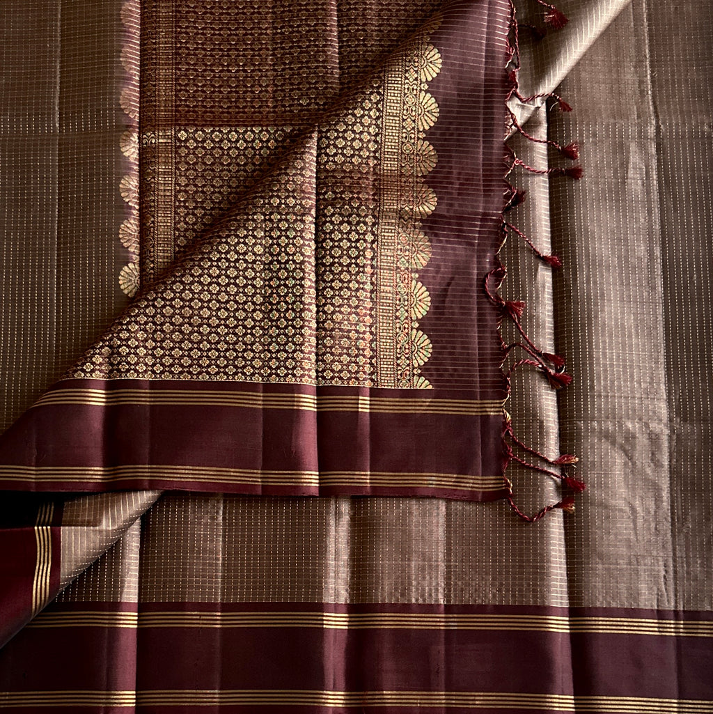 Taupe Burgundy Saree Gold Zari Checked Body Traditional Pallu Wear