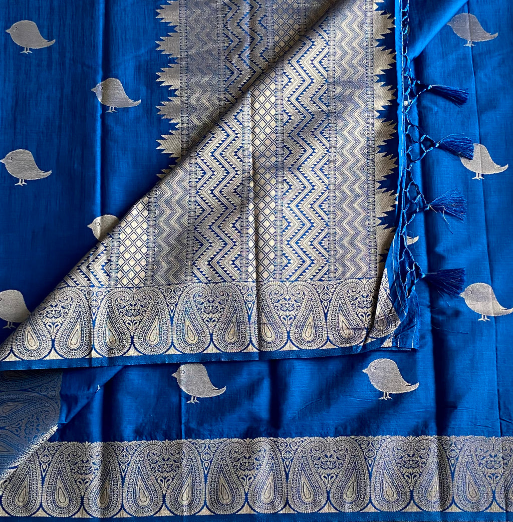 Royal Blue Silk Saree Silver Paisley Border Bird Motif Pallu