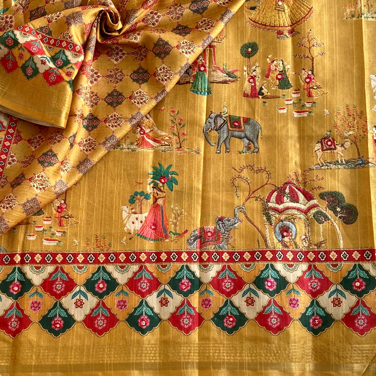 Golden Ochre Designer Soft Printed Tussar Saree Floral & Mirror Work