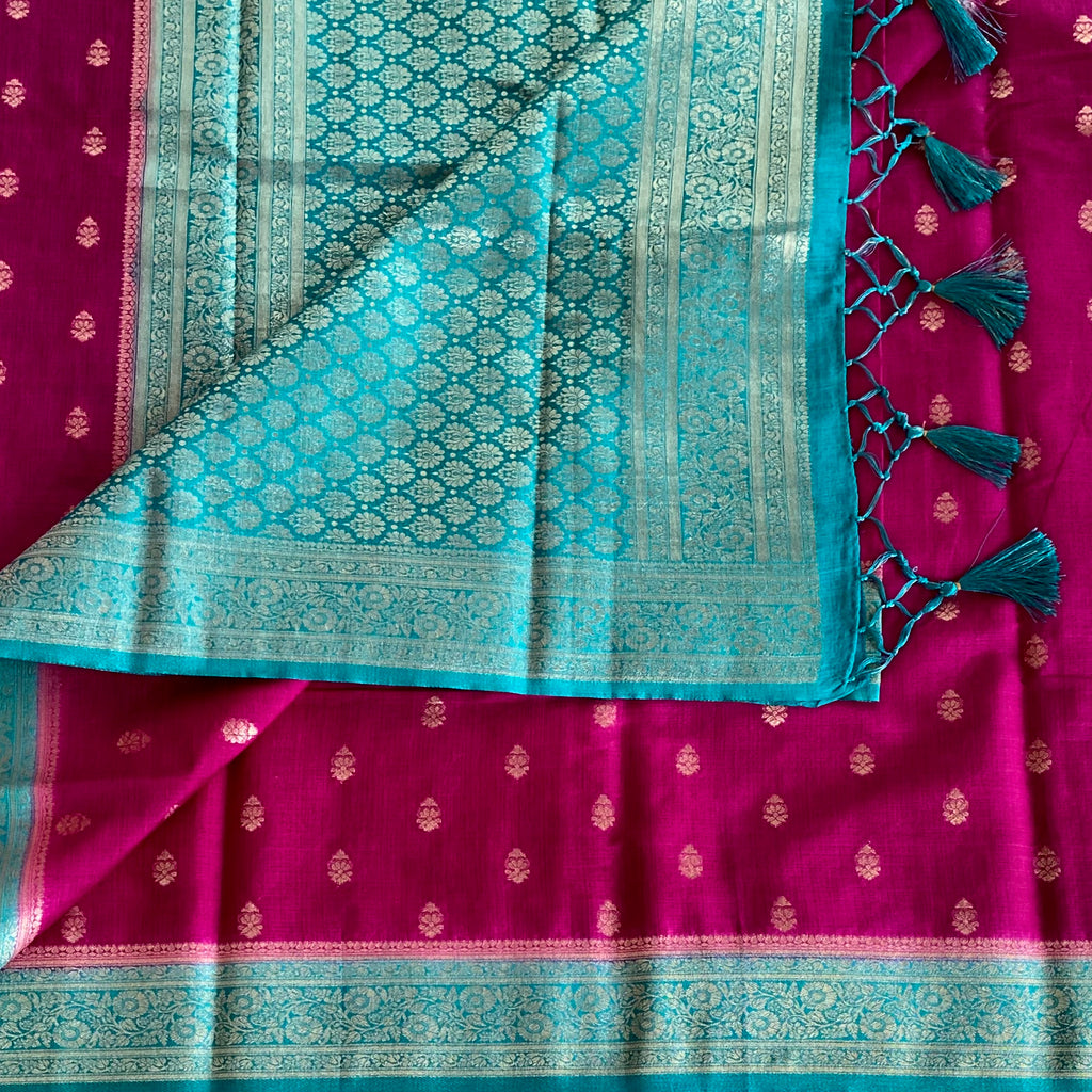 Deep Fuchsia Teal Brocade Silk Saree Silver Zari Tassel Pallu