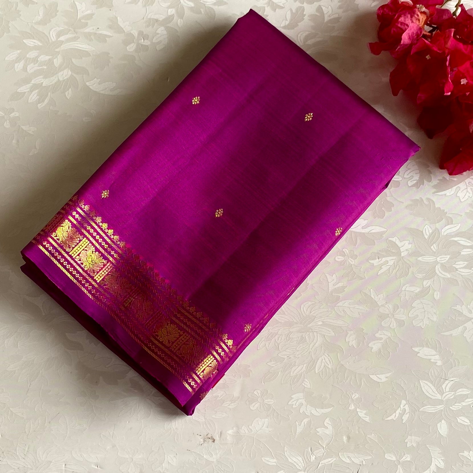 Kanjeevaram Pure Zari Silk Fuchsia Saree With Antique Gold Border