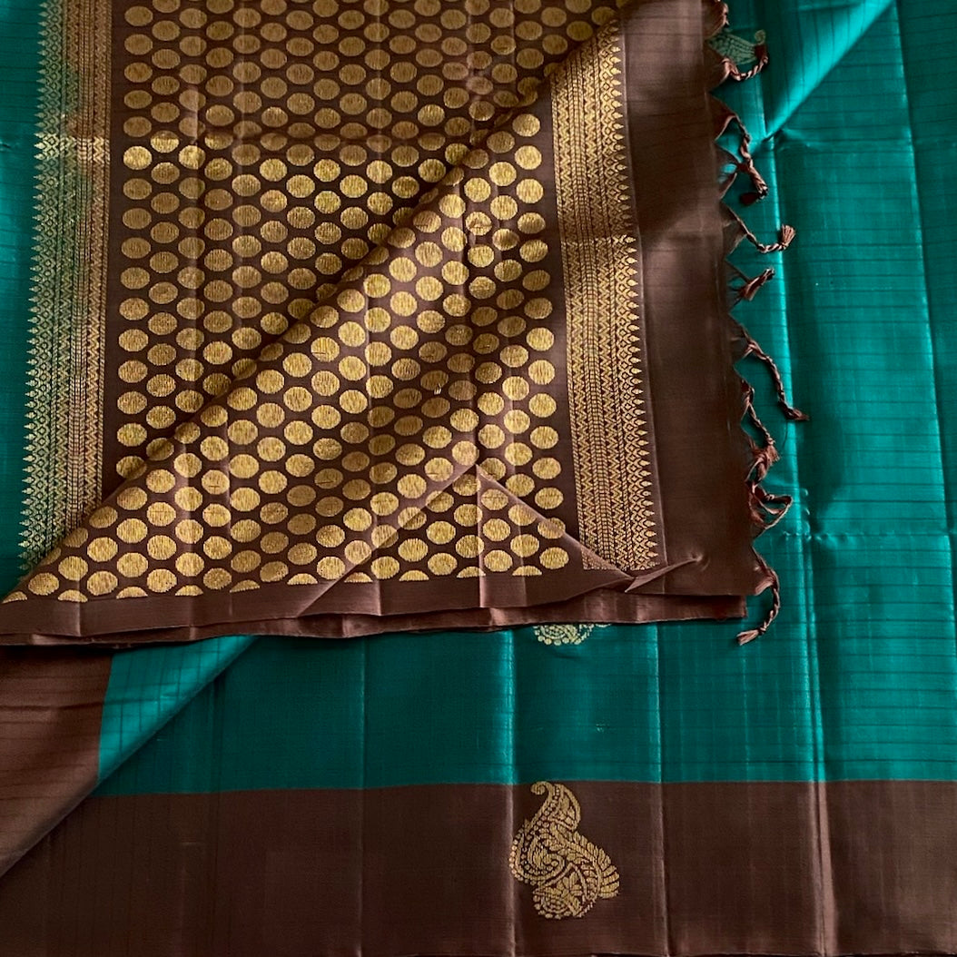 Teal Designer Pure Silk With Chocolate Brown Pallu And Gold Buttas