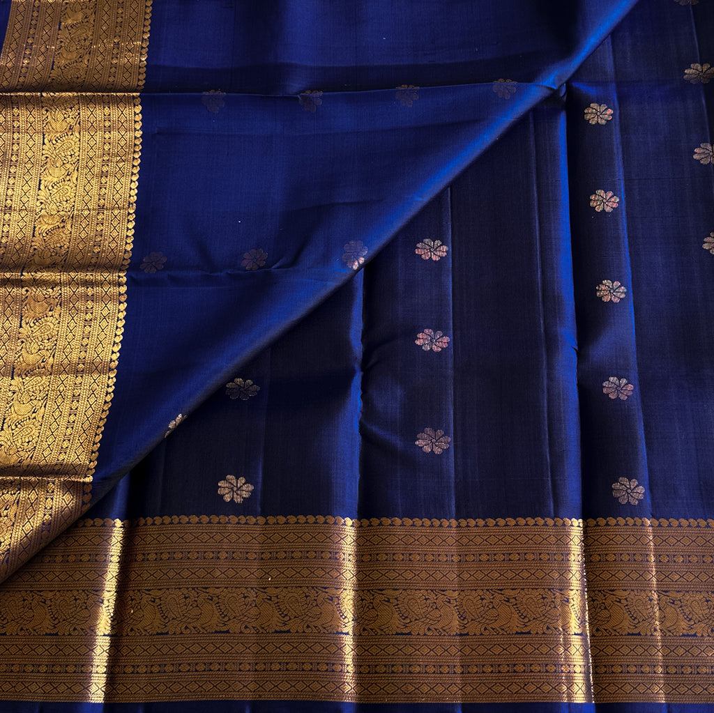 Royal Blue Saree With Gold Zari Border And Floral Buta