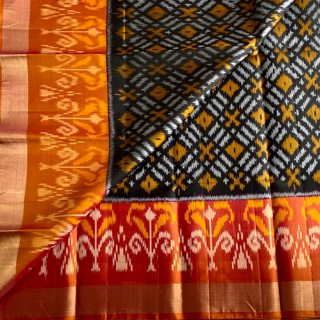 Jet Black Ikkat Designer Pure Silk With Burnt Orange Contrast