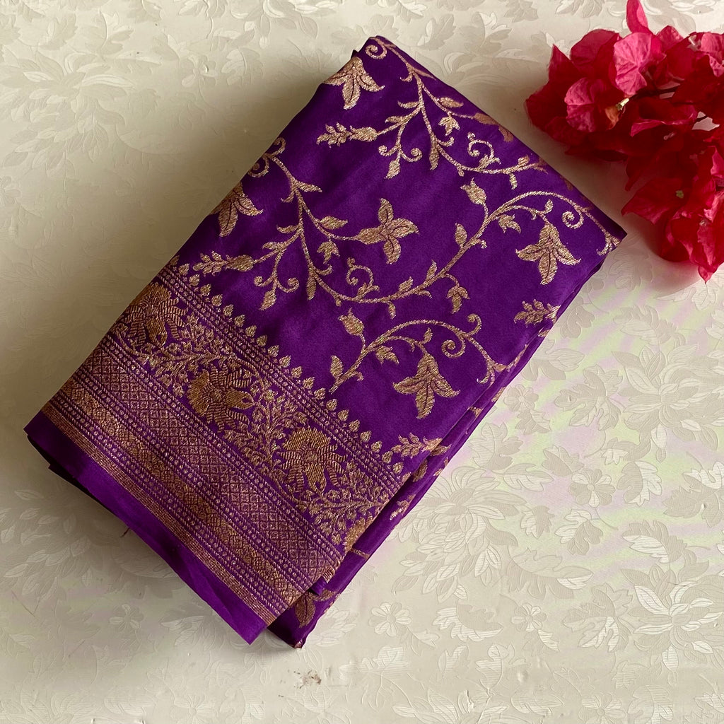 Royal Purple Banarasi Crepe Silk Saree With Antique Gold Zari