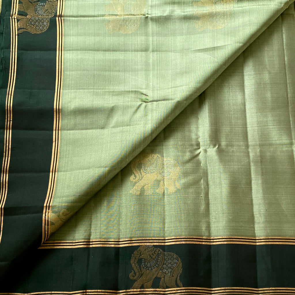 Deep metallic Mint Silk Saree Gold Brocade Pallu Elephant Border
