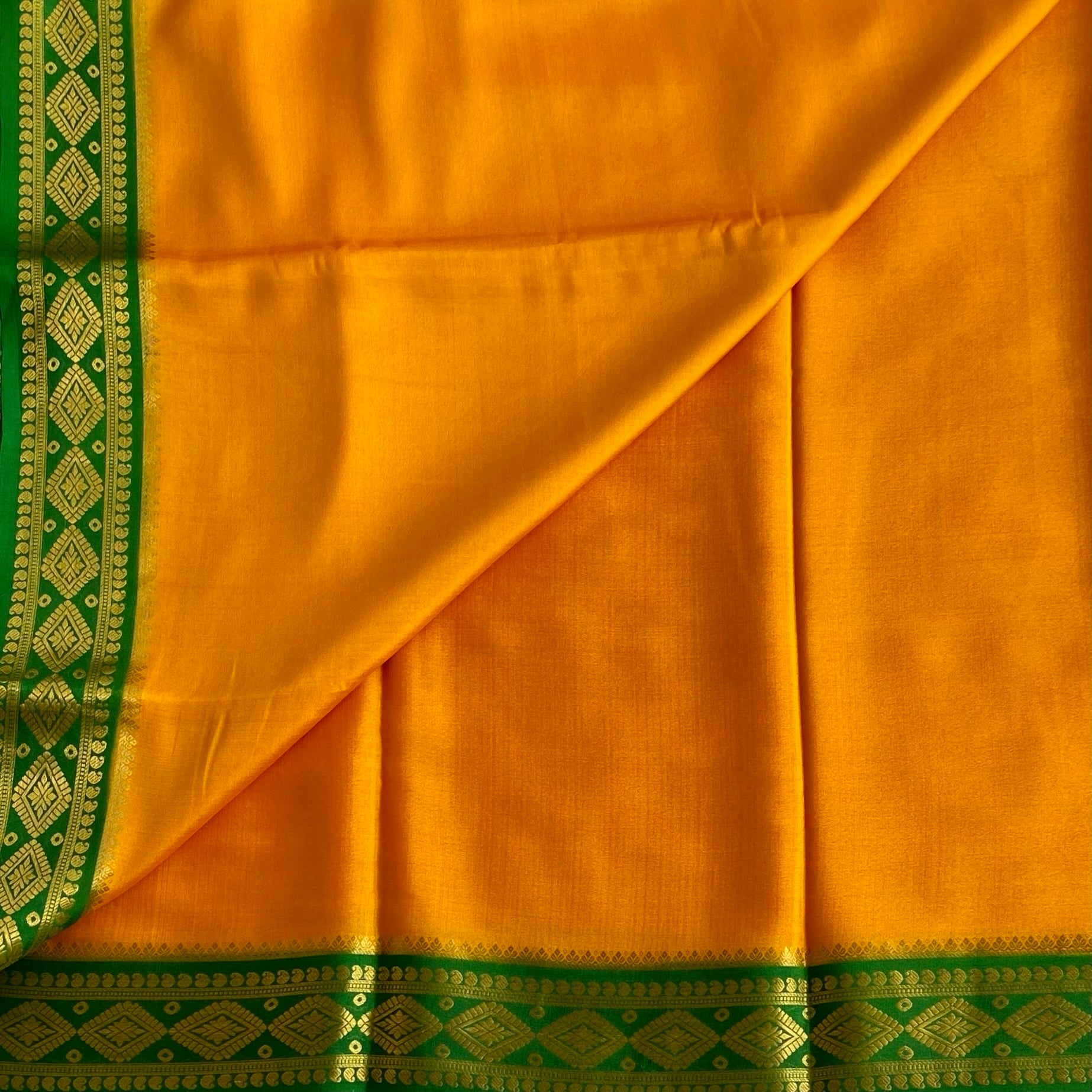 Mustard Yellow Mysore Crepe Silk Saree With Emerald Green Border Gold Zari