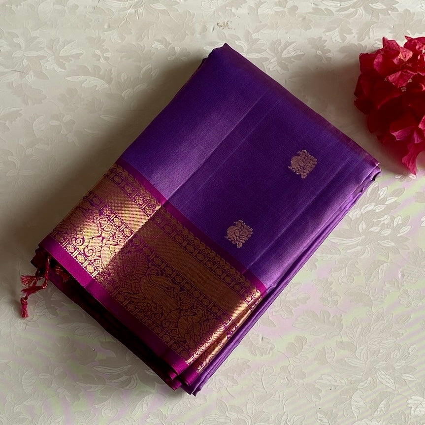 Metallic Lavender Designer Pure Silk With Rich Magenta Contrast