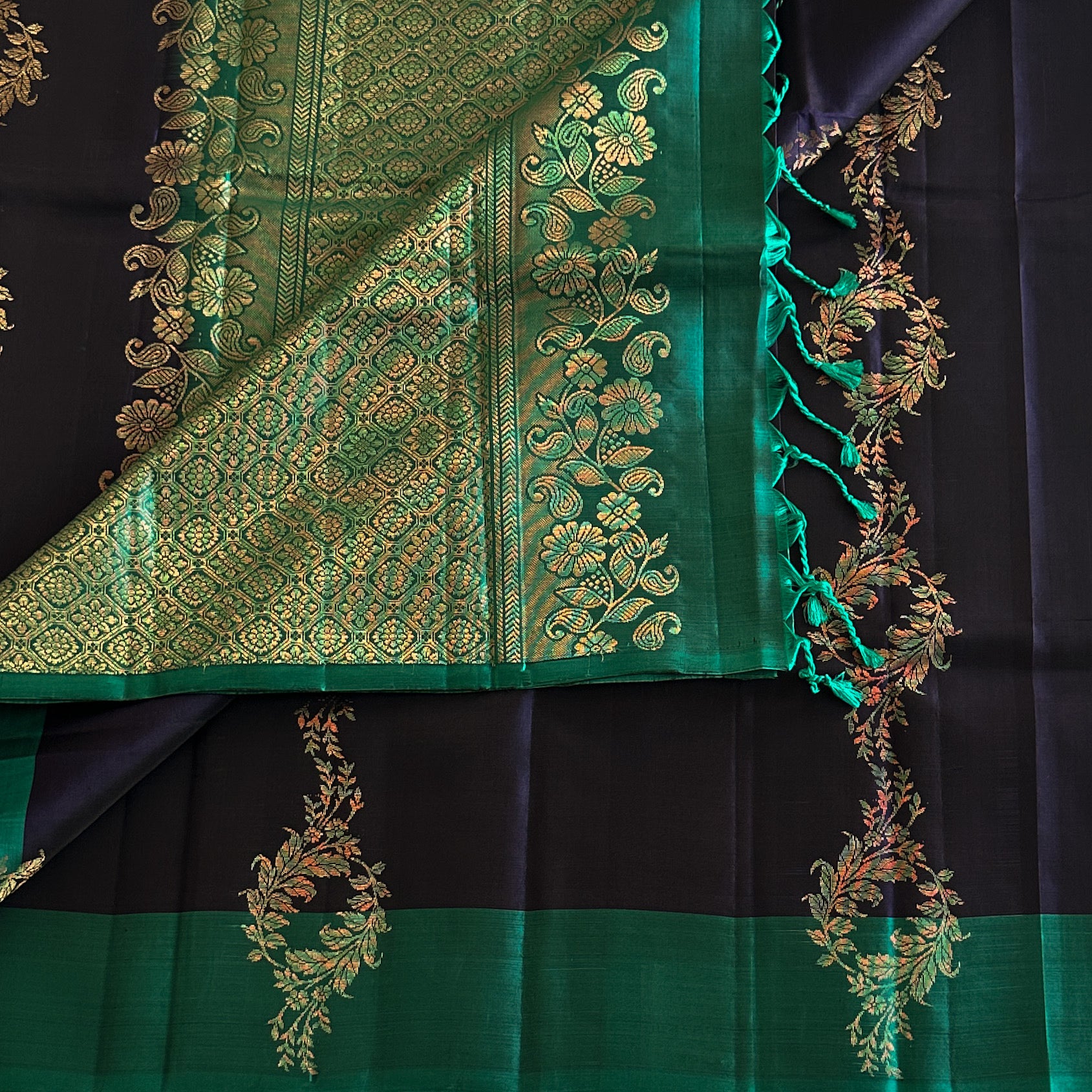 Navy Teal Silk Saree Antique Gold Zari Floral Woven Pallu