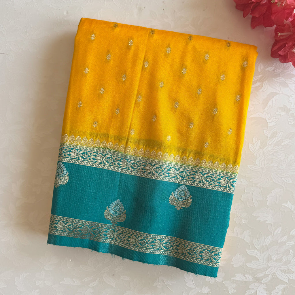 Mustard Teal Woven Saree Gold Border Traditional Festive Elegant Premium