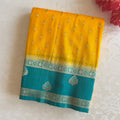 Mustard Teal Woven Saree Gold Border Traditional Festive Elegant Premium