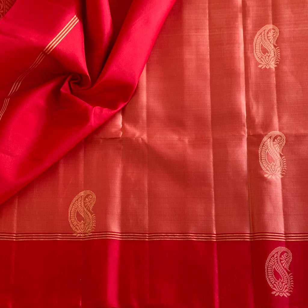Deep Coral Designer Pure Silk Saree With Crimson Red Pallu