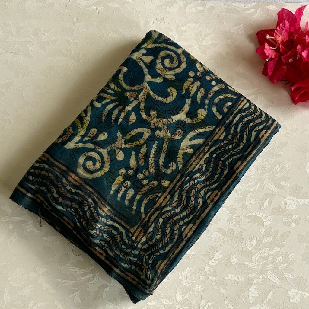 Ajrakh Handblock Printed Silk Saree Teal Blue With Antique Gold
