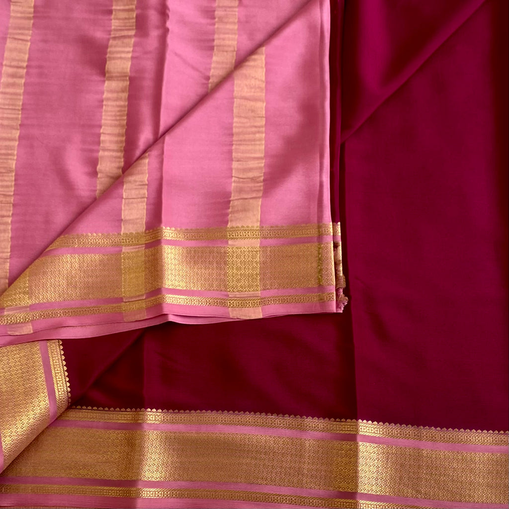 Mysore Crepe Silk Deep Wine Magenta Saree With Rose Pink Pallu