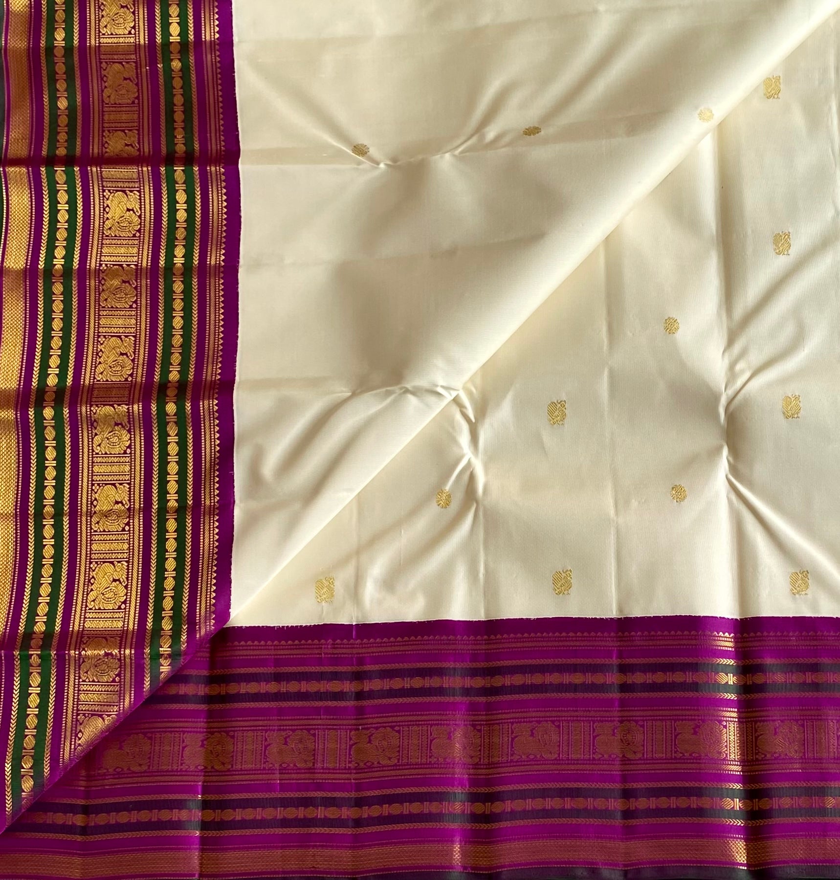 Ivory Classic Kanjeevaram Handwoven luxury With Magical Magenta Pure Zari beauty