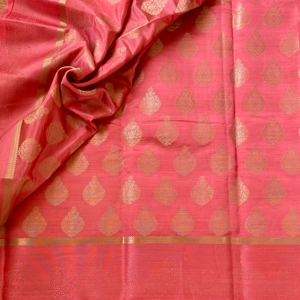 Coral Pink Silk Saree With Gold Zari Pallu And Paisley Border
