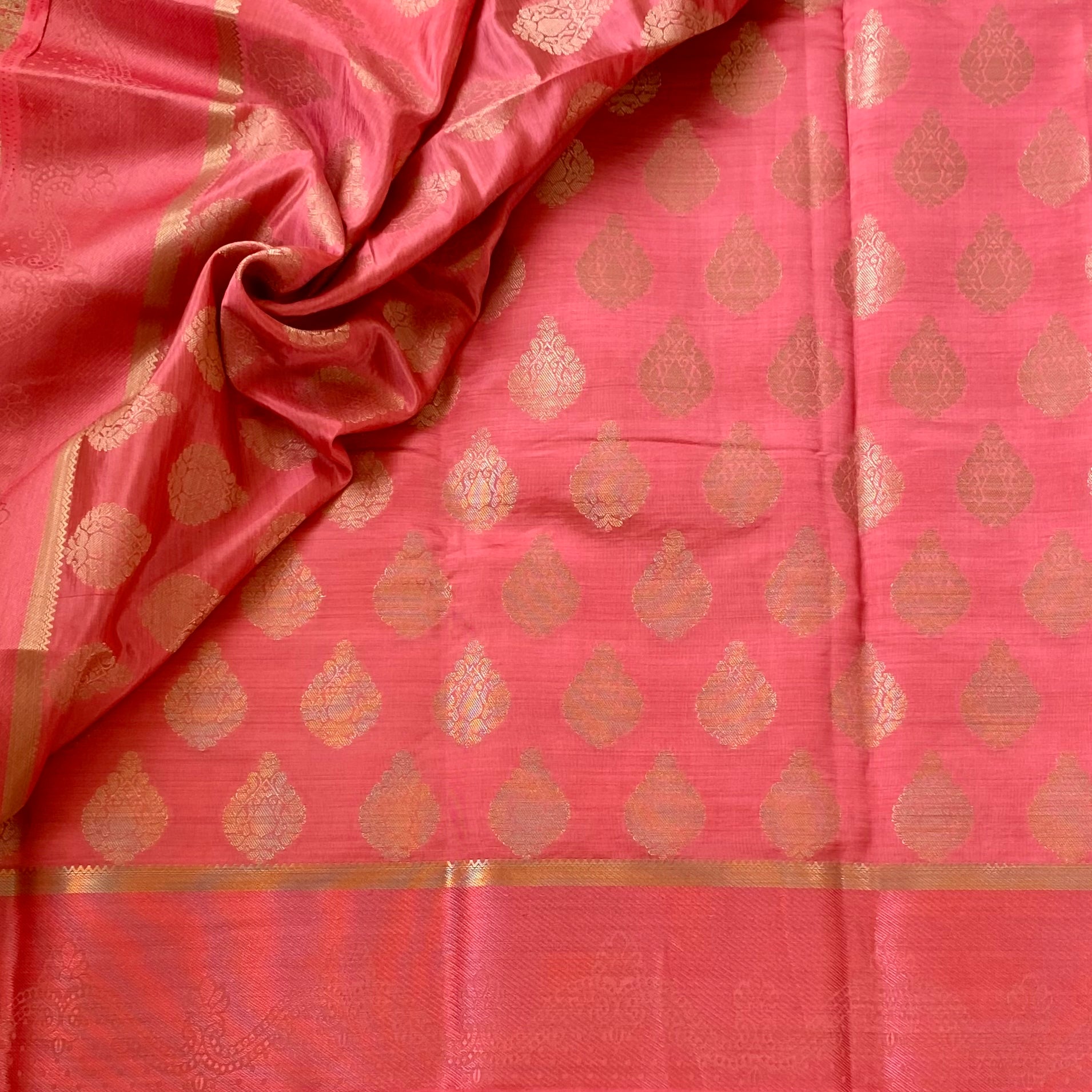 Coral Pink Silk Saree With Gold Zari Pallu And Paisley Border