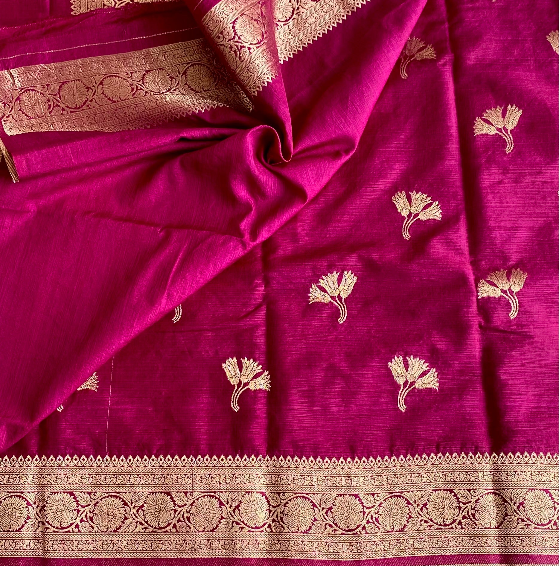 Magenta Pink Soft Tussar Silk Saree With Antique Gold Border