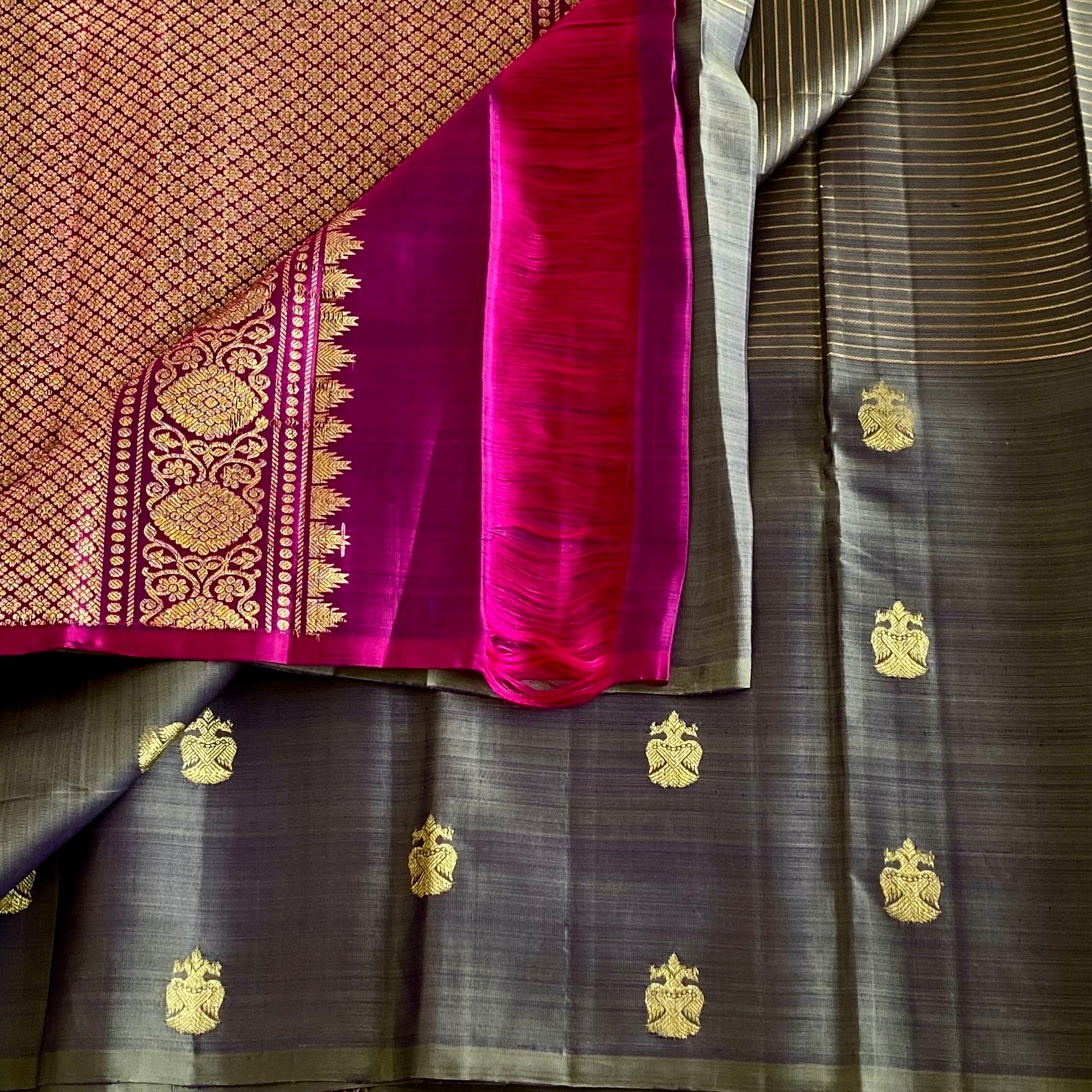 Dual shaded Slate Grey Pure Silk with Rich Magenta Zari Woven Pallu