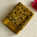 Dreamy Mustard Hand mirror. Work Ajrakh Handblock Printed Silk Saree For Festive