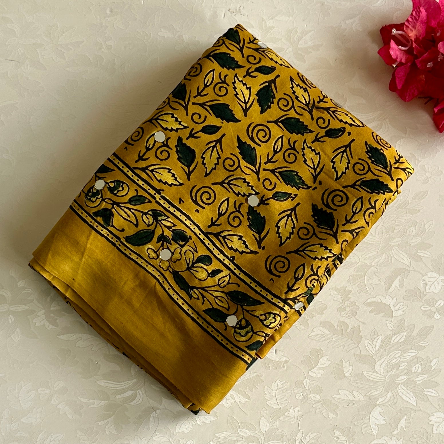 Dreamy Mustard Hand mirror. Work Ajrakh Handblock Printed Silk Saree For Festive