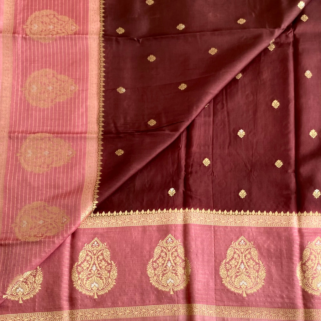 Deep Coffee Soft Tussar Silk Saree With Rose Pink Pallu