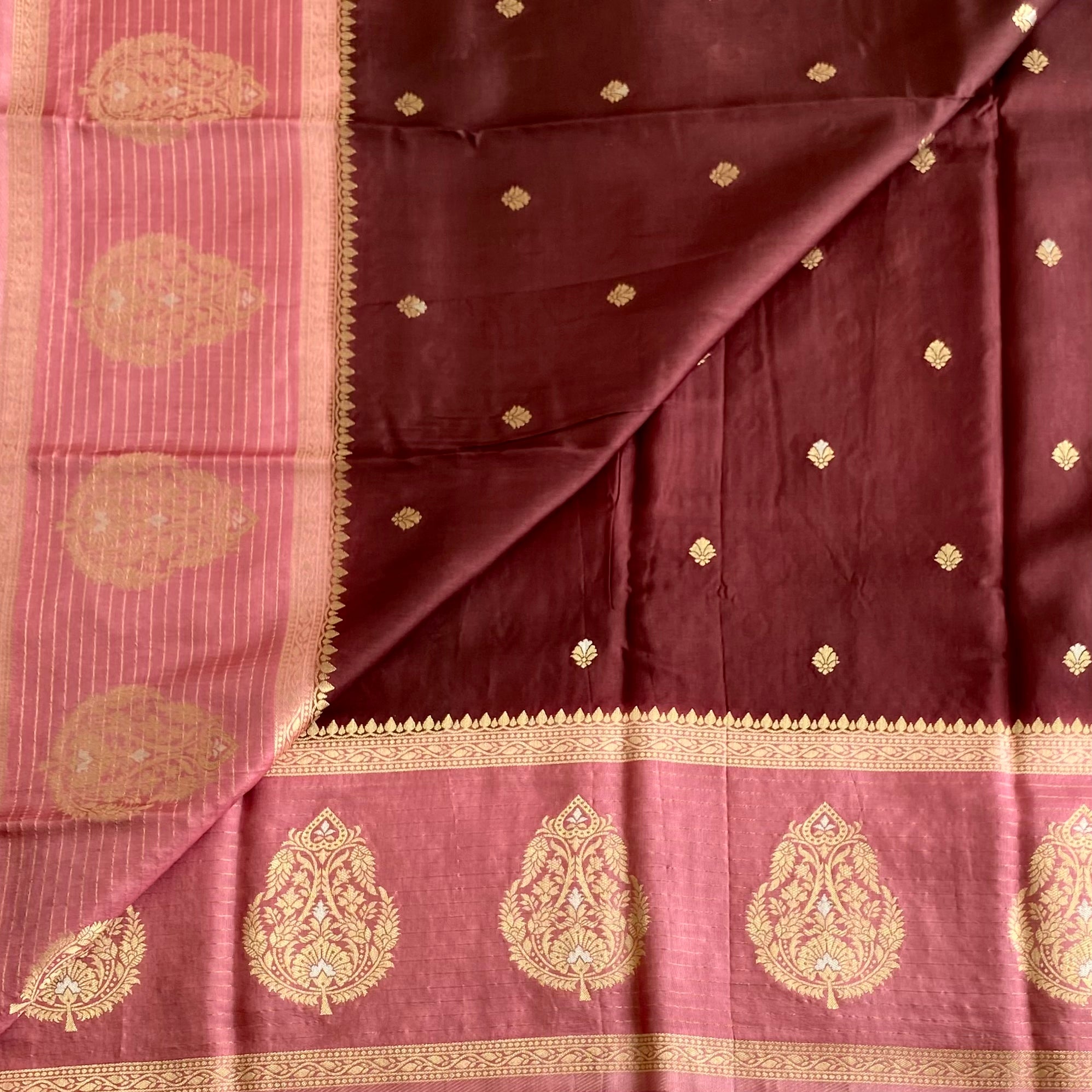 Deep Coffee Soft Tussar Silk Saree With Rose Pink Pallu