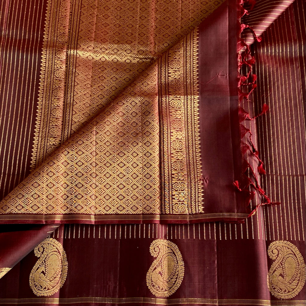 Espresso Chocolate Designer Pure Silk Saree With Antique Gold Brocade Pallu