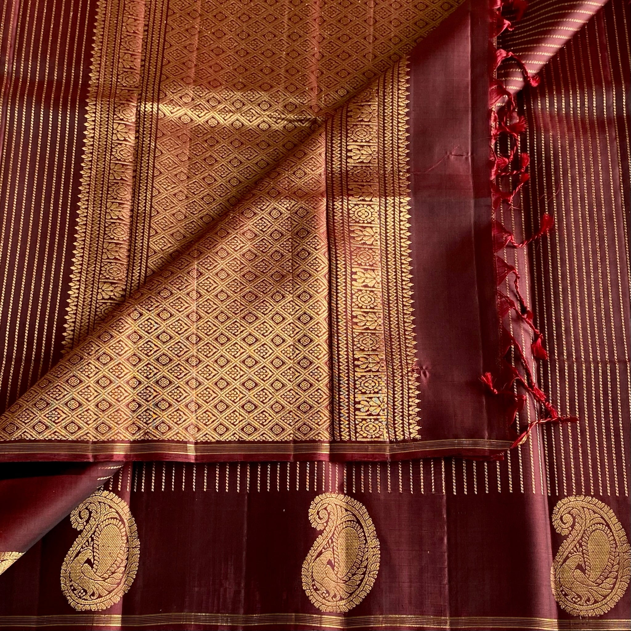 Espresso Chocolate Designer Pure Silk Saree With Antique Gold Brocade Pallu
