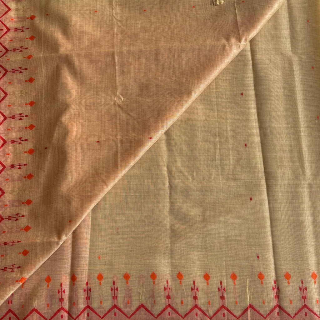 Blush Pink Ikat Saree with Coral Motifs and Tassel Pallu