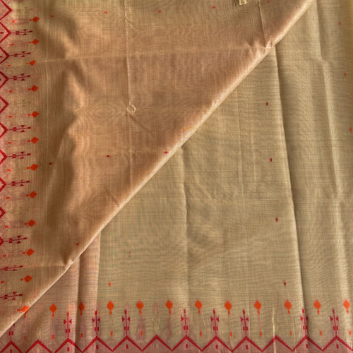 Blush Pink Ikat Saree with Coral Motifs and Tassel Pallu