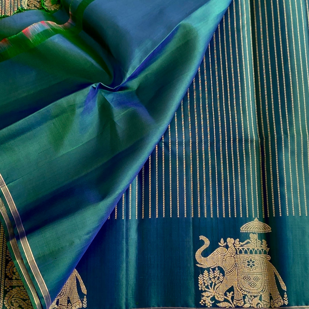 Peacock Blue Designer Pure Silk Saree With Rich Elephant Borders