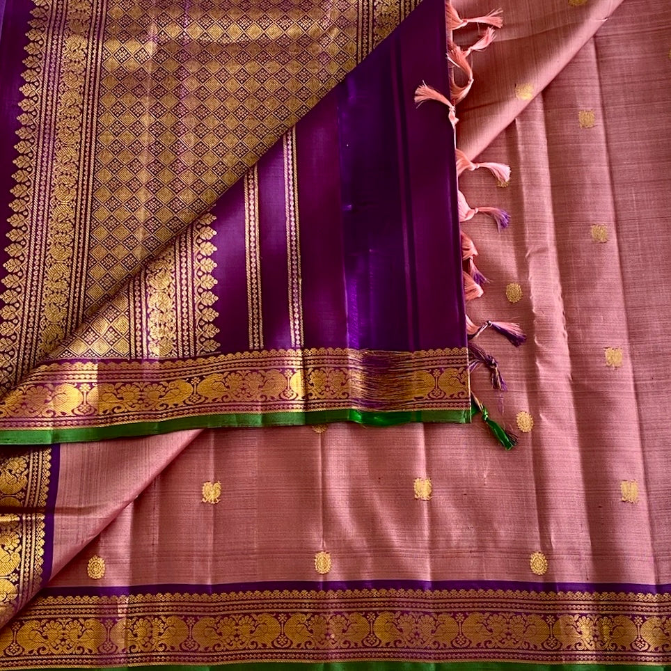 Dusty Rose Kanjeevaram Pure Zari Silk Saree With Royal Purple Pallu
