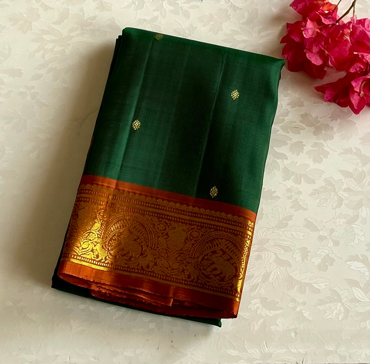 Traditional Emerald Green Saree Rust Orange Pallu Gold Brocade Border