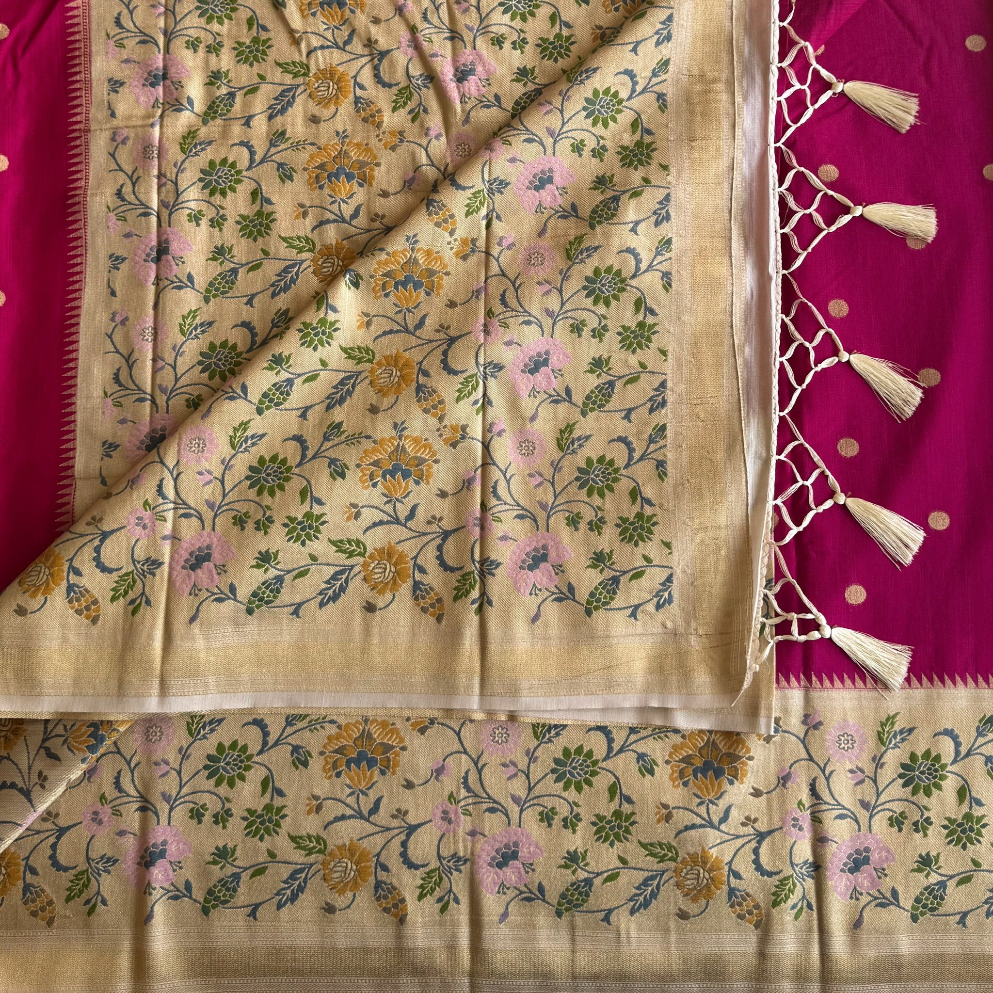Magenta Stunner Meenakari Woven Pallu Floral Border Gold Polka Dreamy Drape