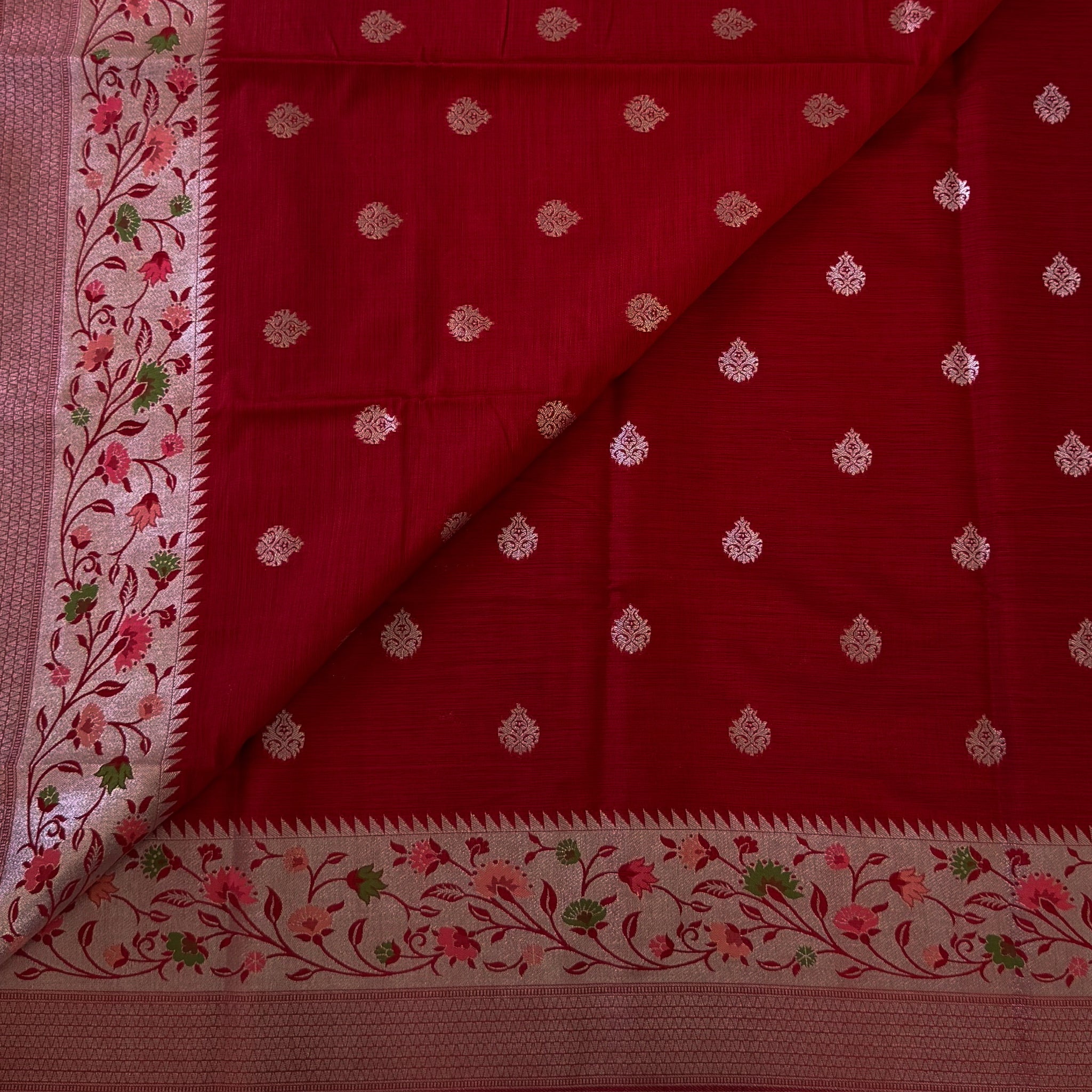 Crimson Banarasi Silk Saree With Blush Pink Floral Zari Pallu